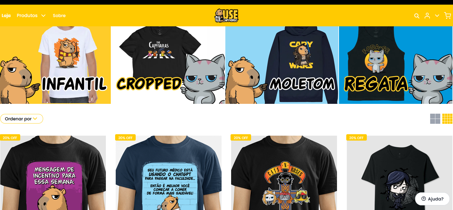 Página da loja de camisetas e moletons do Capyverso
