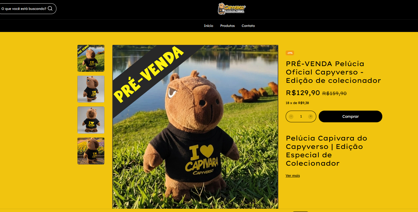 Página da loja oficial com a pelúcia Capyverso